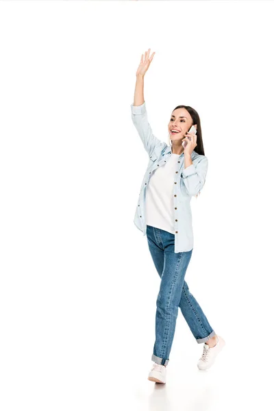 Smiling Young Woman Walking Talking Smartphone Isolated White — Stock Photo, Image