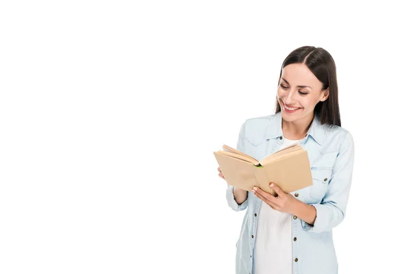 Mulher Positiva Leitura Livro Isolado Branco — Fotografia de Stock