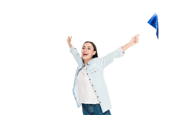 Podekscytowany Dziewczyna Kurtka Dżinsowa Trzymając Flagę Europy Białym Tle — Zdjęcie stockowe