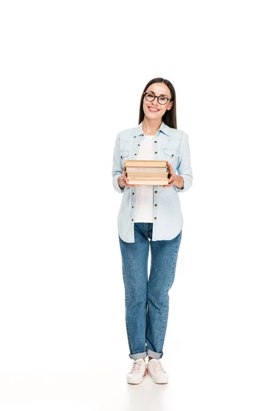 Felice Ragazza Bruna Occhiali Giacca Jeans Con Libri Isolati Bianco — Foto Stock