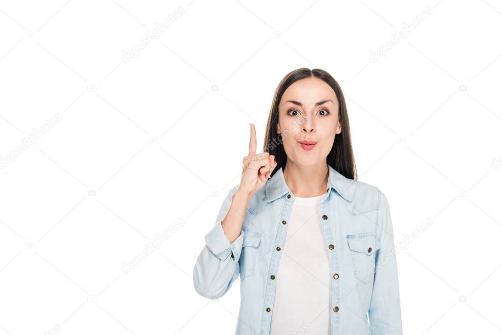 excited young woman showing idea gesture isolated on white