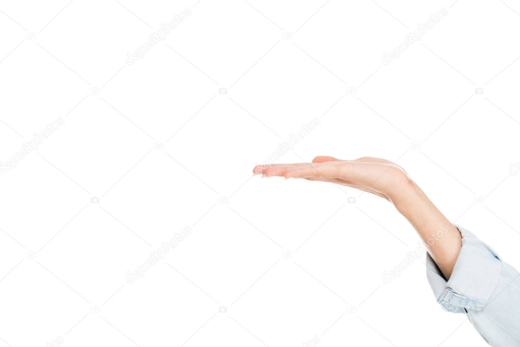 cropped view of woman pointing with hand isolated on white