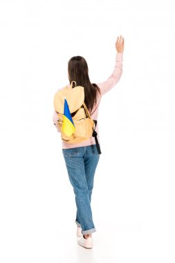 sırt çantası ve Ukrayna bayrağı beyaz izole el sallayarak ile öğrencinin arka görünümü