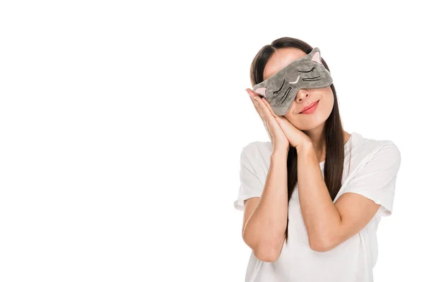 Brunette Young Woman Cat Sleeping Eye Mask Isolated White — Stock Photo, Image