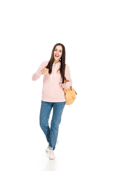 Full Length View Smiling Brunette Girl Backpack Showing Thumb Isolated — Stock Photo, Image