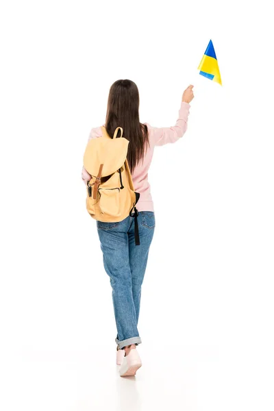 Back View Student Med Ryggsäck Holding Ukrainska Flagga Isolerade Vitt — Stockfoto