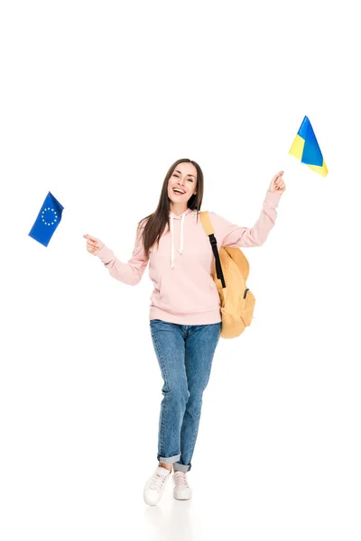 Vista Completa Estudiante Sonriente Con Mochila Sosteniendo Banderas Ucranianas Europeas — Foto de Stock