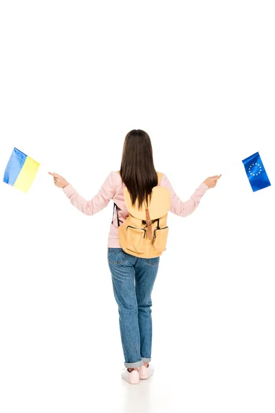 Full Length View Student Backpack Holding Ukrainian European Flags Isolated — Stock Photo, Image