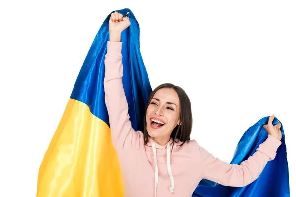 Щаслива Молода Дівчина Тримає Атласний Прапор України Радості Виділених Білому — стокове фото
