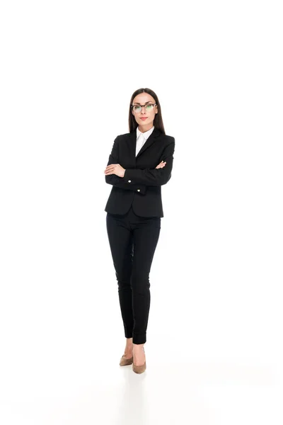 Confident Businesswoman Black Suit Crossed Arms Isolated White — Stock Photo, Image