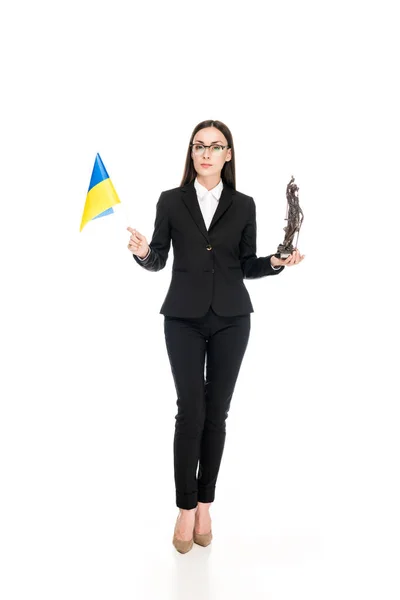 Vista Completa Abogado Con Bandera Ucrania Bronce Estatuilla Themis Aislado — Foto de Stock