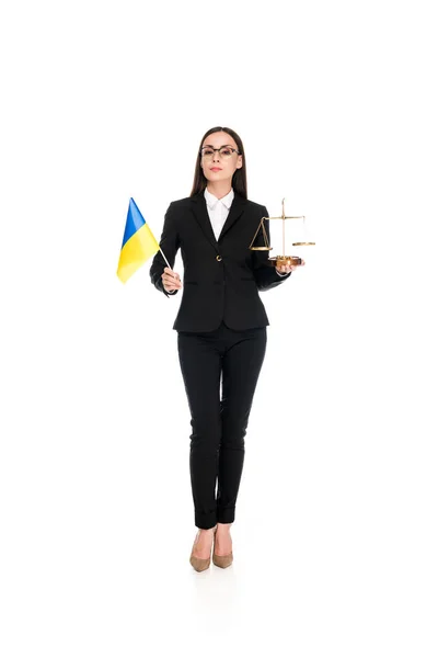 Full Length View Lawyer Holding Ukrainian Flag Scales Justice Isolated — Stock Photo, Image