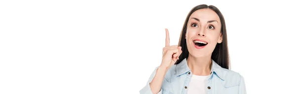 Excited Brunette Woman Showing Idea Gesture Isolated White Panoramic Shot — Stock Photo, Image
