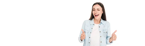 Happy Winking Brunette Woman Showing Thumbs Isolated White Panoramic Shot — Stock Photo, Image
