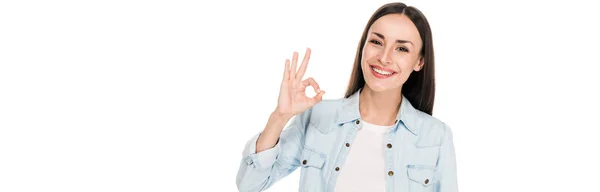 Smiling Brunette Woman Showing Sign Isolated White Panoramic Shot — Stock Photo, Image