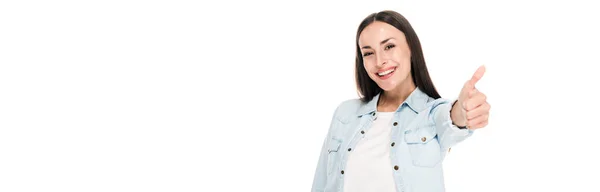 Happy Brunette Woman Showing Thumb Isolated White Panoramic Shot — Stock Photo, Image