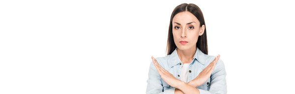 brunette woman showing no sign isolated on white, panoramic shot