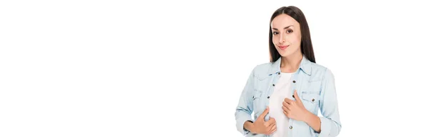 Smiling Brunette Woman Hands Denim Jacket Isolated White Panoramic Shot — Stock Photo, Image