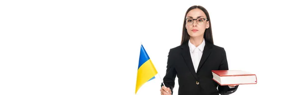 Lawyer Black Suit Holding Ukrainian Flag Book Isolated White Panoramic — Stock Photo, Image