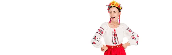 Brunette Young Woman National Ukrainian Costume Hands Hips Winking Isolated — Stock Photo, Image