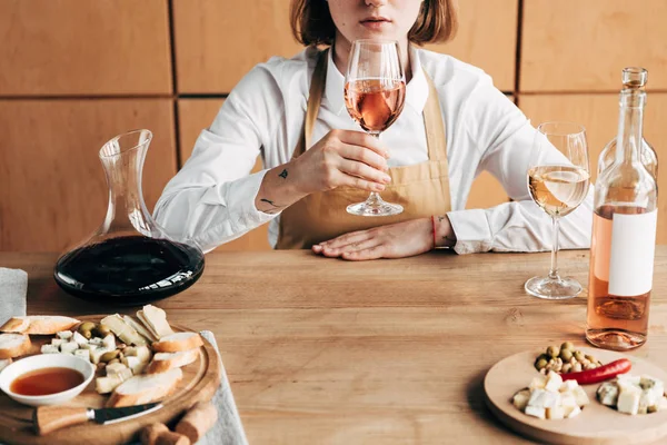 Partial View Sommelier Apron Sitting Table Tasting Wine — Stock Photo, Image
