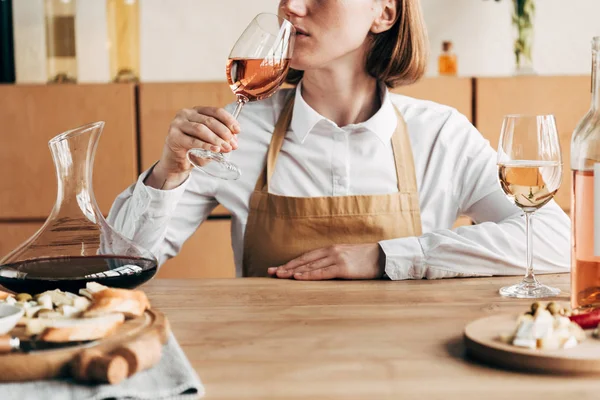 Partial View Sommelier Apron Sitting Table Tasting Wine — Stock Photo, Image