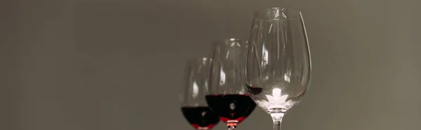 Panoramic Shot Three Wine Glasses Red Wine Isolated Grey — Stock Photo, Image