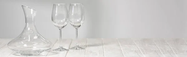 Panoramic Shot Empty Wine Glasses Jug Wooden Surface — Stock Photo, Image