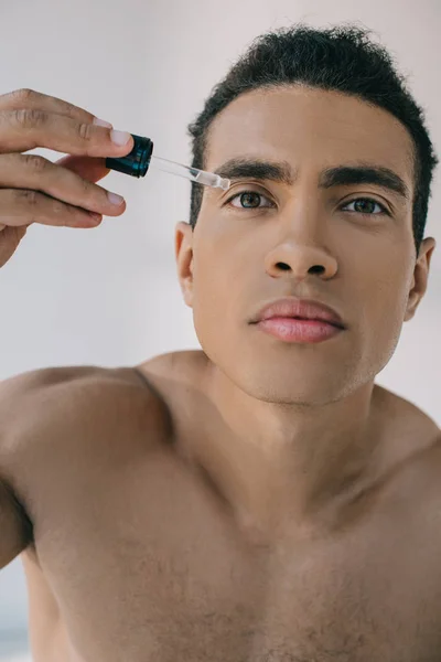 Portrait Shot Mixed Race Man Dropping Some Serum Face Pipette — Stock Photo, Image