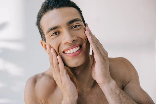 Handsome Mixed Race Man Touching Cheeks Hands Smiling Looking Camera — Stock Photo, Image