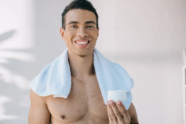 Mixed Race Young Man Blue Towel Shoulders Holding Container Cosmetic — Stock Photo, Image