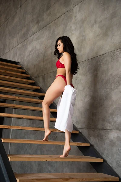 Full Length View Sexy Girl Red Underwear White Shirt Climbing — Stock Photo, Image