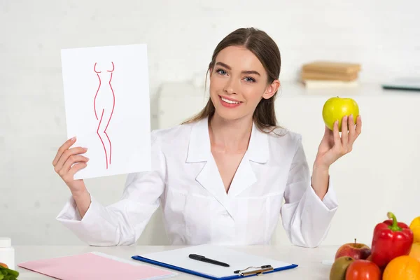 Smiling Dietitian White Coat Holding Paper Image Perfect Body Apple — Stock Photo, Image