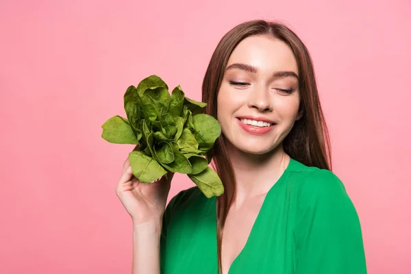Smiling Young Woman Holding Spinach Closed Eyes Isolated Pink — Stock Photo, Image
