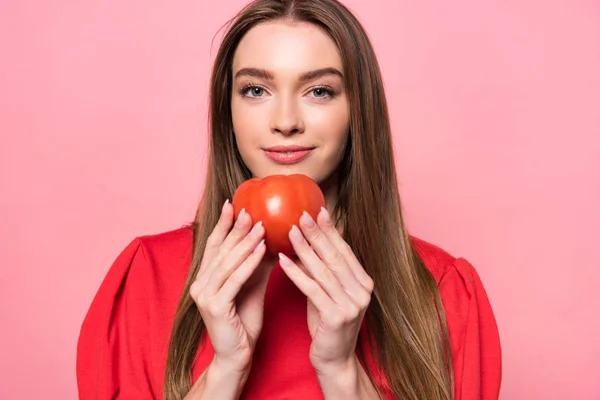 Front View Attractive Smiling Girl Holding Tomato Looking Camera Isolated — Stock Photo, Image
