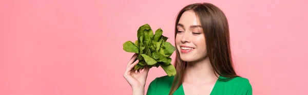 Panoramic Shot Attractive Smiling Girl Holding Spinach Isolated Pink — Stock Photo, Image