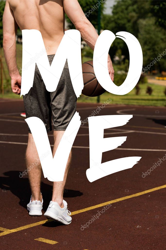 move lettering on partial view of shirtless basketball player holding ball
