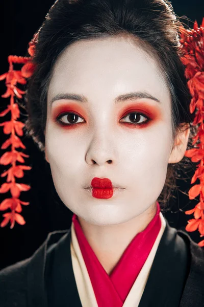 Portrait Beautiful Geisha Red Eyeshadow Lips Isolated Black — Stock Photo, Image