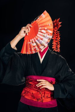 siyah siyah izole yüz önünde geleneksel el fan tutan saç kırmızı çiçekler ile siyah kimono güzel geyşa