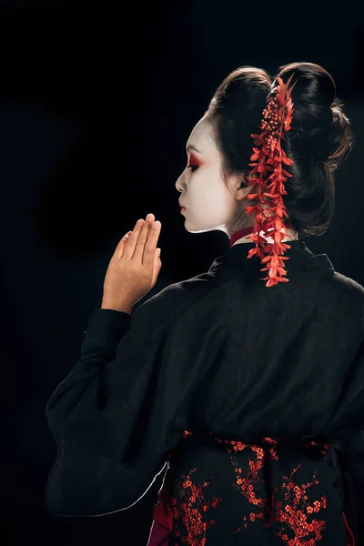 Back View Beautiful Geisha Black Red Kimono Flowers Hair Isolated — Stock Photo, Image