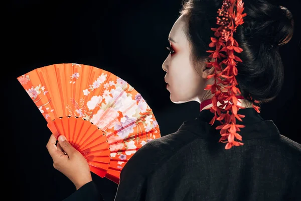 Back View Beautiful Geisha Black Kimono Red Flowers Hair Holding — Stock Photo, Image