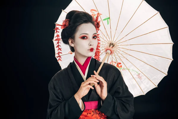 Beautiful Geisha Black Kimono Red Flowers Hair Holding Asian Umbrella — Stock Photo, Image