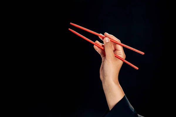 Cropped View Woman Holding Chopsticks Isolated Black — Stock Photo, Image