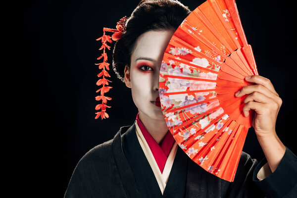 привлекательная гейша в черном кимоно с цветами в волосах с ярким ручным вентилятором, изолированным на черном
