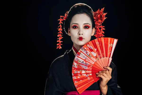 Attractive Geisha Black Kimono Flowers Hair Holding Bright Hand Fan — Stock Photo, Image