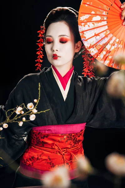 Selective Focus Beautiful Geisha Black Kimono Red Flowers Hair Holding — Stock Photo, Image