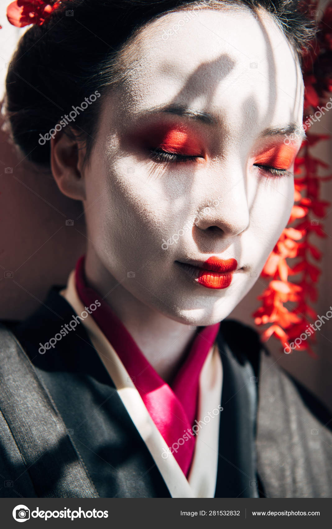Portrait Beautiful Geisha Red White Makeup Closed Eyes Sunlight
