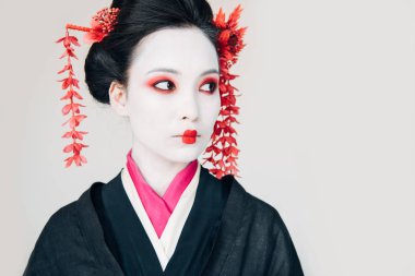 siyah kimono güzel geyşa saç kırmızı çiçekleri ile uzak beyaz izole görünümlü