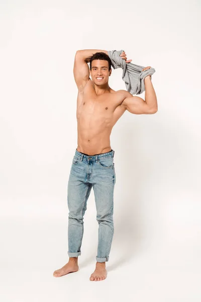 Happy Mixed Race Man Undressing Looking Camera White — Stock Photo, Image