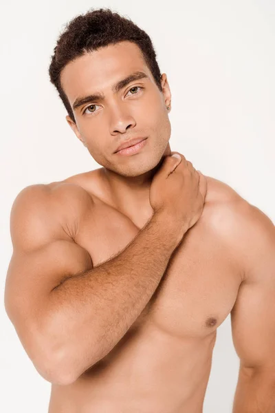 Handsome Muscular Mixed Race Man Touching Neck White — Stock Photo, Image